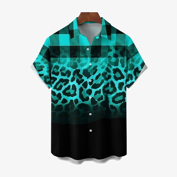 Checked Leopard Gradient Print Short Sleeve Shirt 2404001709
