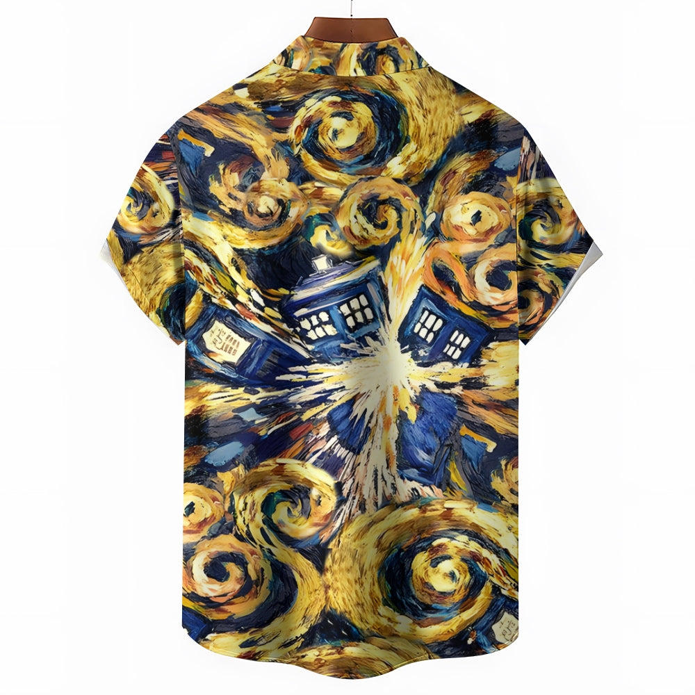 Eye-catching Art Print Time Travel Check Hawaiian Short Sleeve Shirt 2404001918