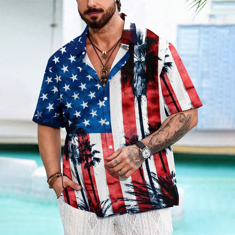 American Flag Palm Trees Casual Short Sleeve Shirt 2411003451