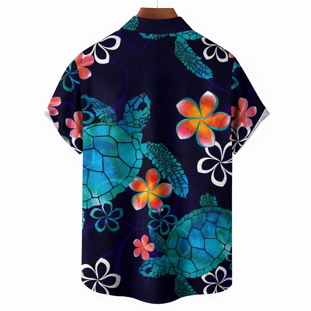 Hawaiian Flower And Turtle Art Print Casual Short Sleeve Shirt 2410001351