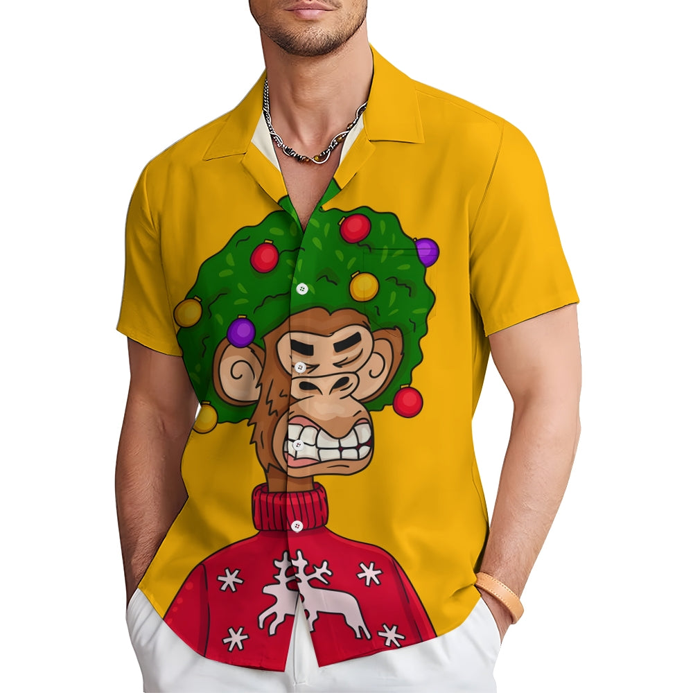 Christmas Monkey Print Chest Pocket Short Sleeve Shirt 2411006286