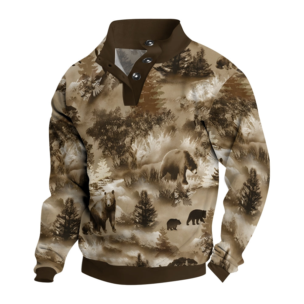 Bear In The Forest Button Printed Casual Long Sleeve Sweatshirt 2410003415