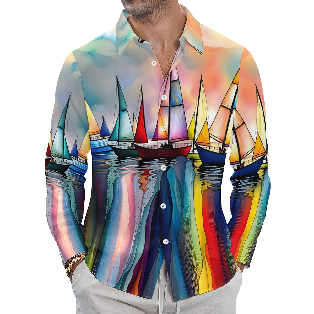 Men's Sailboat Casual Printed Long Sleeve Shirt 2408003493