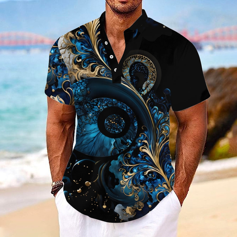 Hawaiian Gilded Art Floral Print Comfortable And Breathable Short-Sleeved T-Shirt With Linen Stand Collar And Half Placket 2404001734