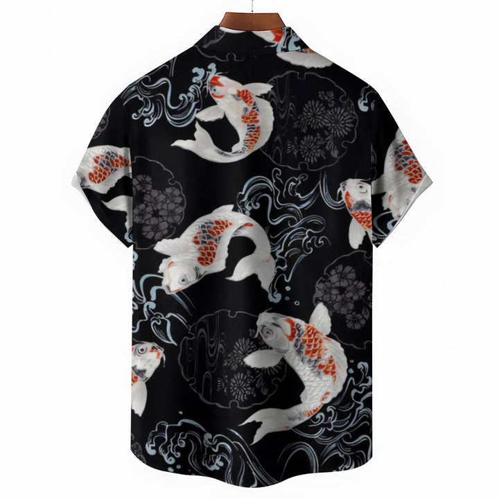 Koi Art Lucky Print Casual Short Sleeve Shirt 2412009968