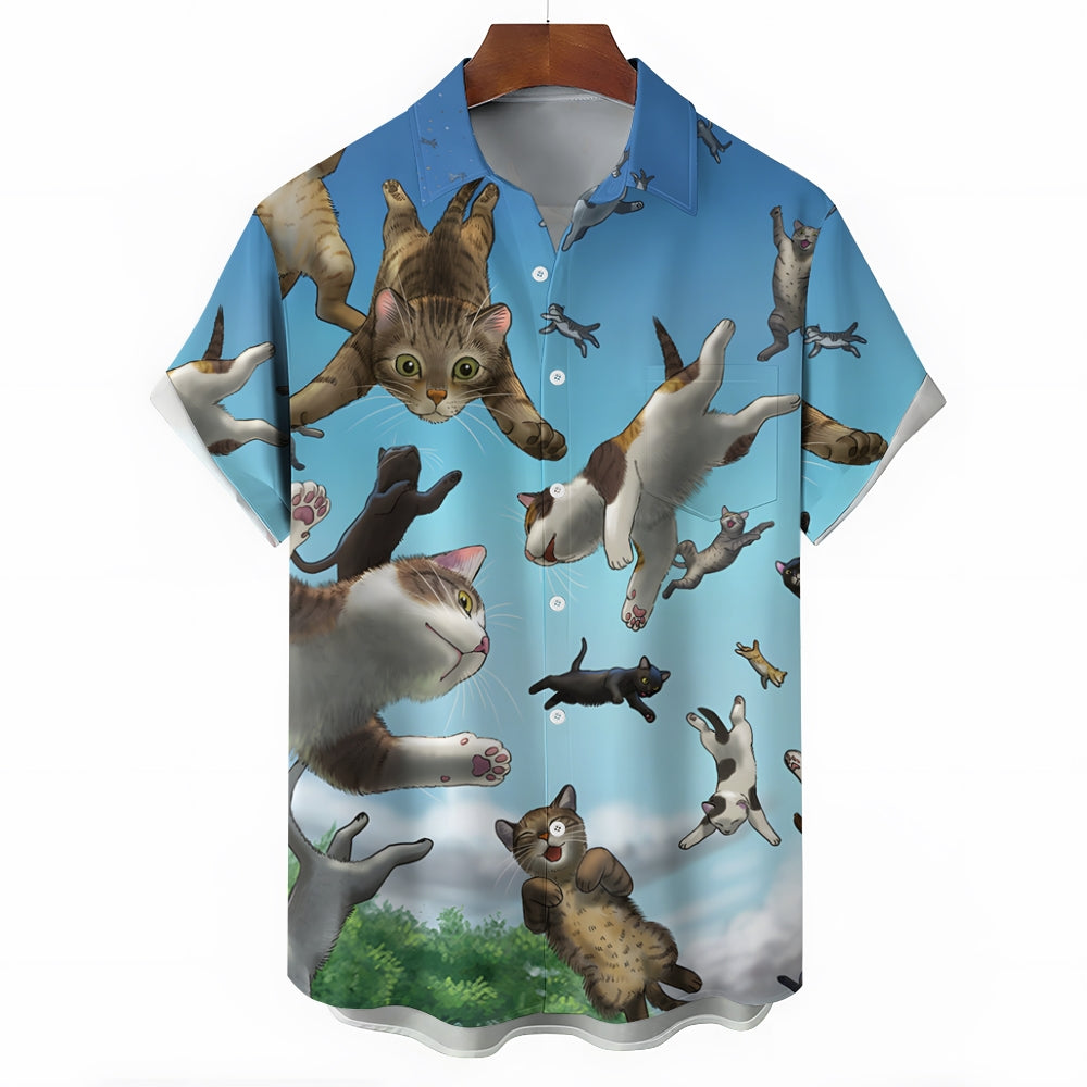 Cartoon Cat Print Casual Oversized Short Sleeve Shirt 2407000448