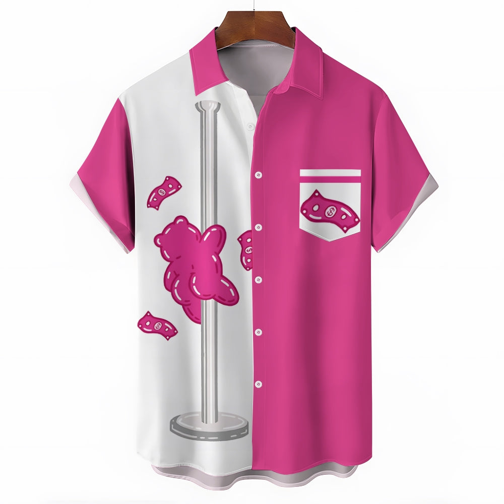 Pole Dancing Pink Bear Print Casual Short Sleeve Shirt 2405001040