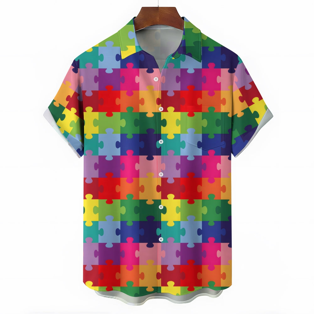 Colorful Puzzle Print Casual Oversized Short-Sleeved Shirt 2407000952