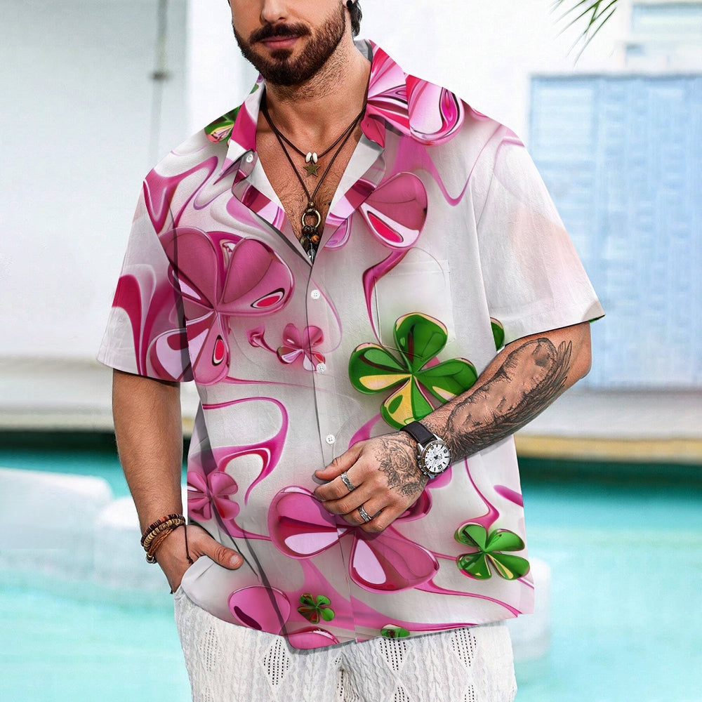 St. Patrick's Day Pink Four-Leaf Clover Short Sleeve Shirt 2412009474