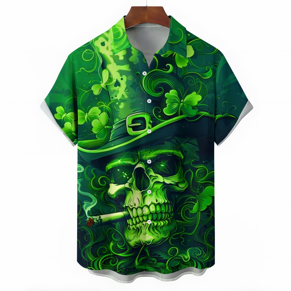 Men's St. Patrick's Day Smoking Skull Print Short Sleeve Shirt 2412008574