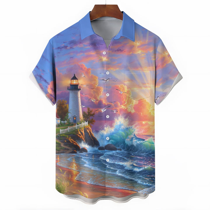 Seaside Landscape Print Casual Short Sleeve Shirt 2408002157