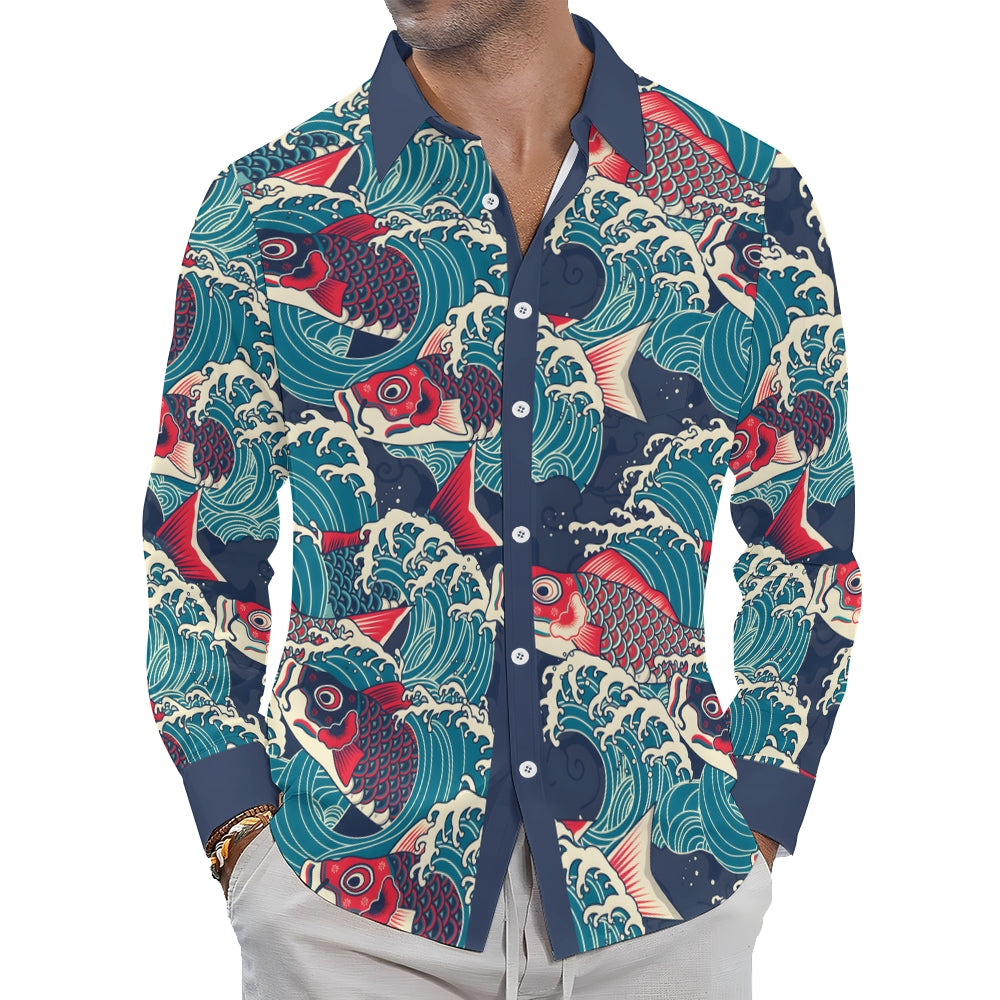 Men's Casual Ukiyo-E Art Style Koi Fish Printed Long Sleeve Shirt 2403000598