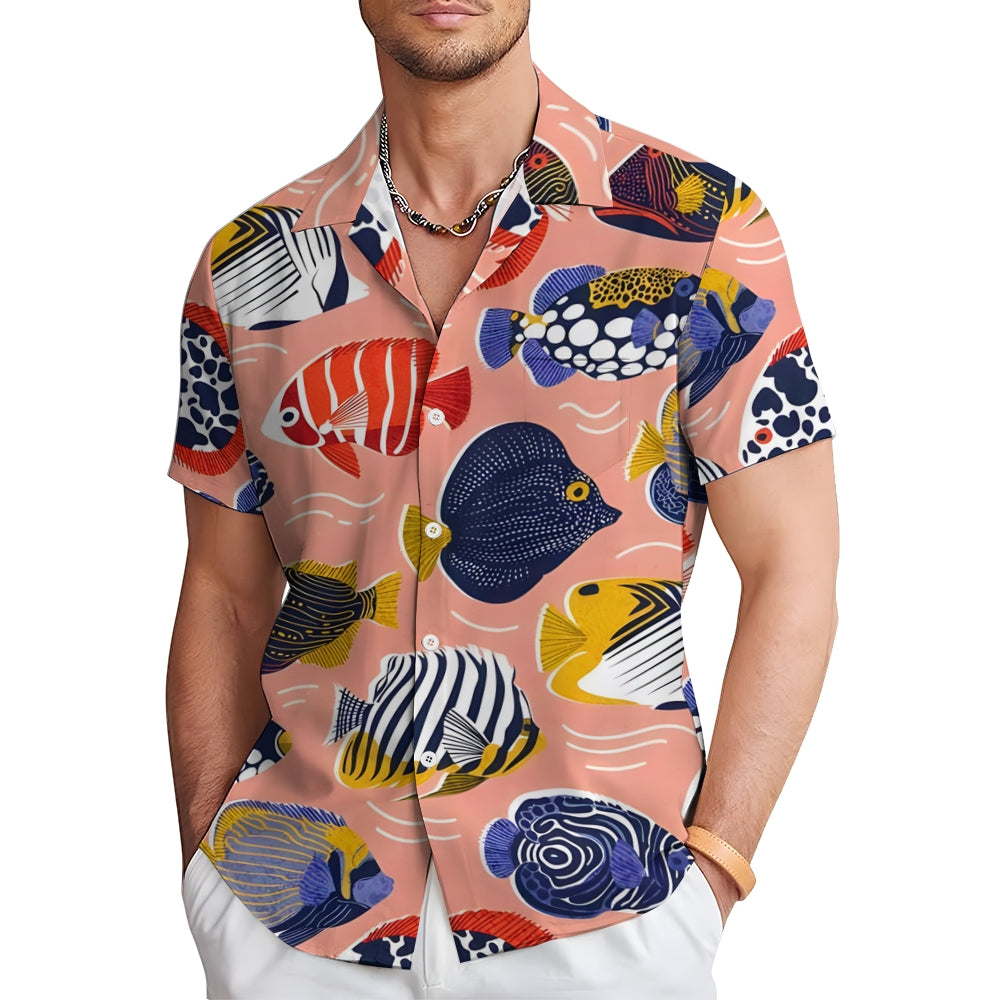 Men's Sea Fish Print Hawaiian Casual Short Sleeve Shirt 2412010184