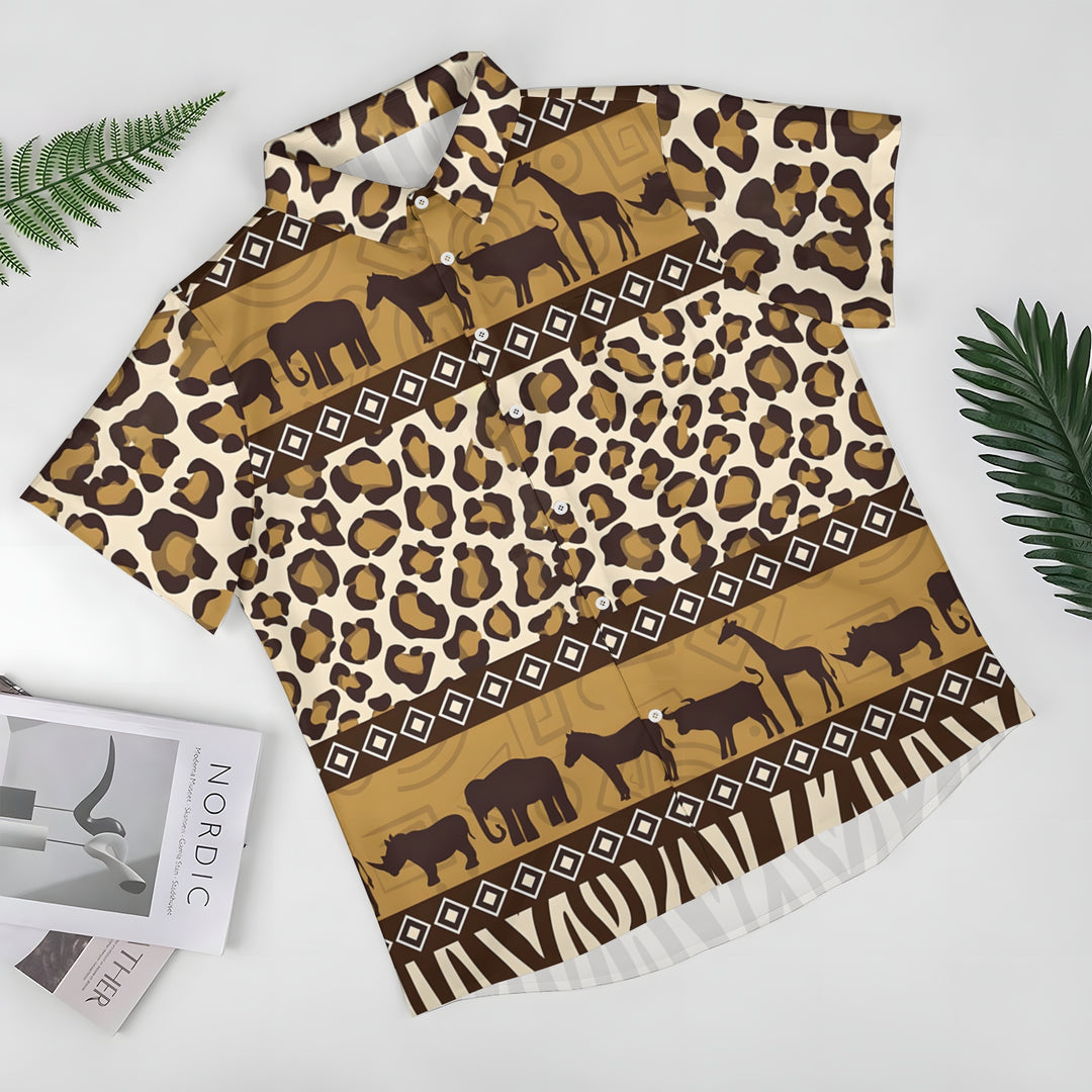 African Savannah Wildlife Print Casual Short Sleeve Shirt 2404001397