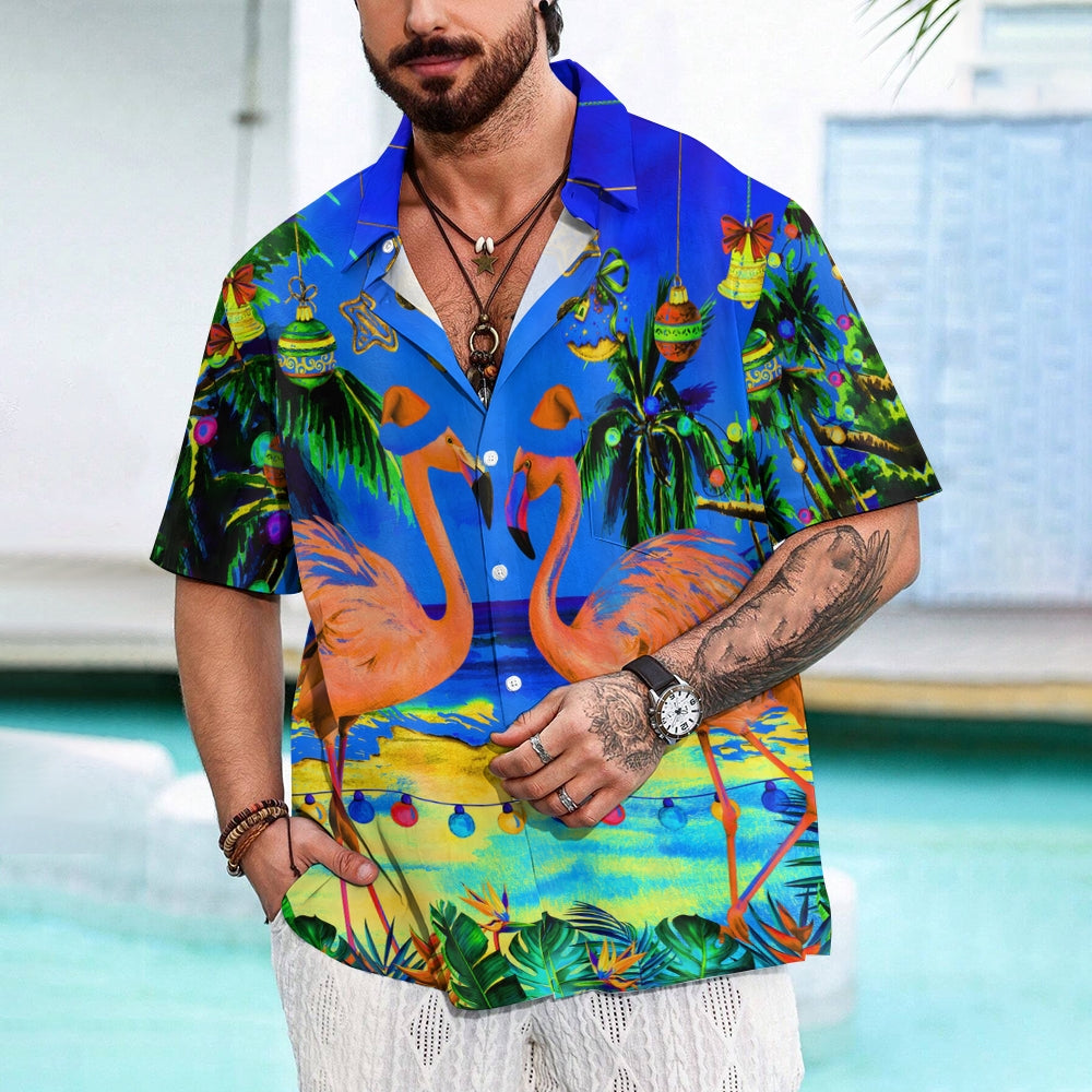 Christmas Flamingo Lantern Print Short Sleeve Shirt 2411008108