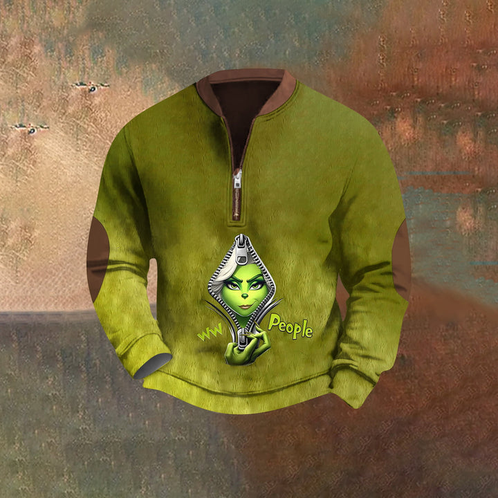 Men's Christmas Cartoon Green Monster Zipper Neck Casual Sweatshirt 2411013067