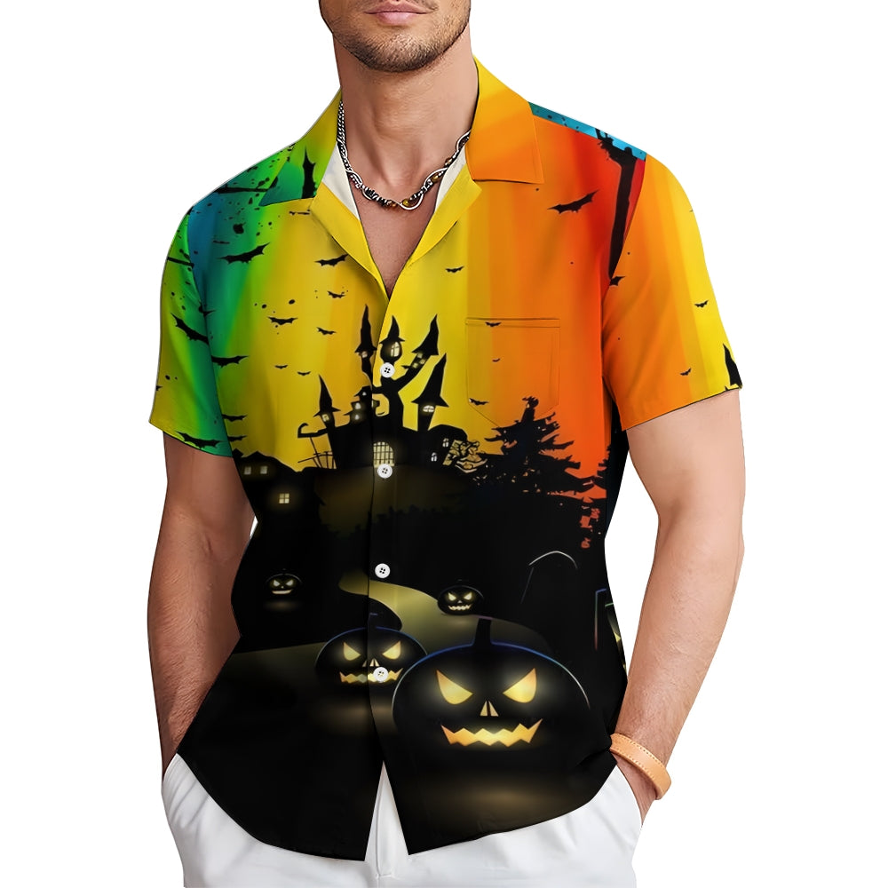 Halloween Castle Print Rainbow Casual Short Sleeve Shirt 2408007709