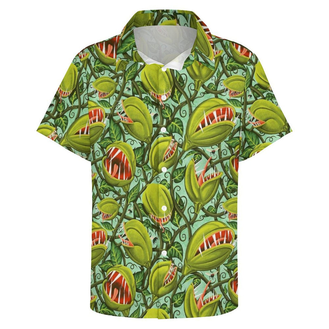 Men's Flytrap Print Casual Fashion Chest Pocket Short Sleeve Shirt 2307101586