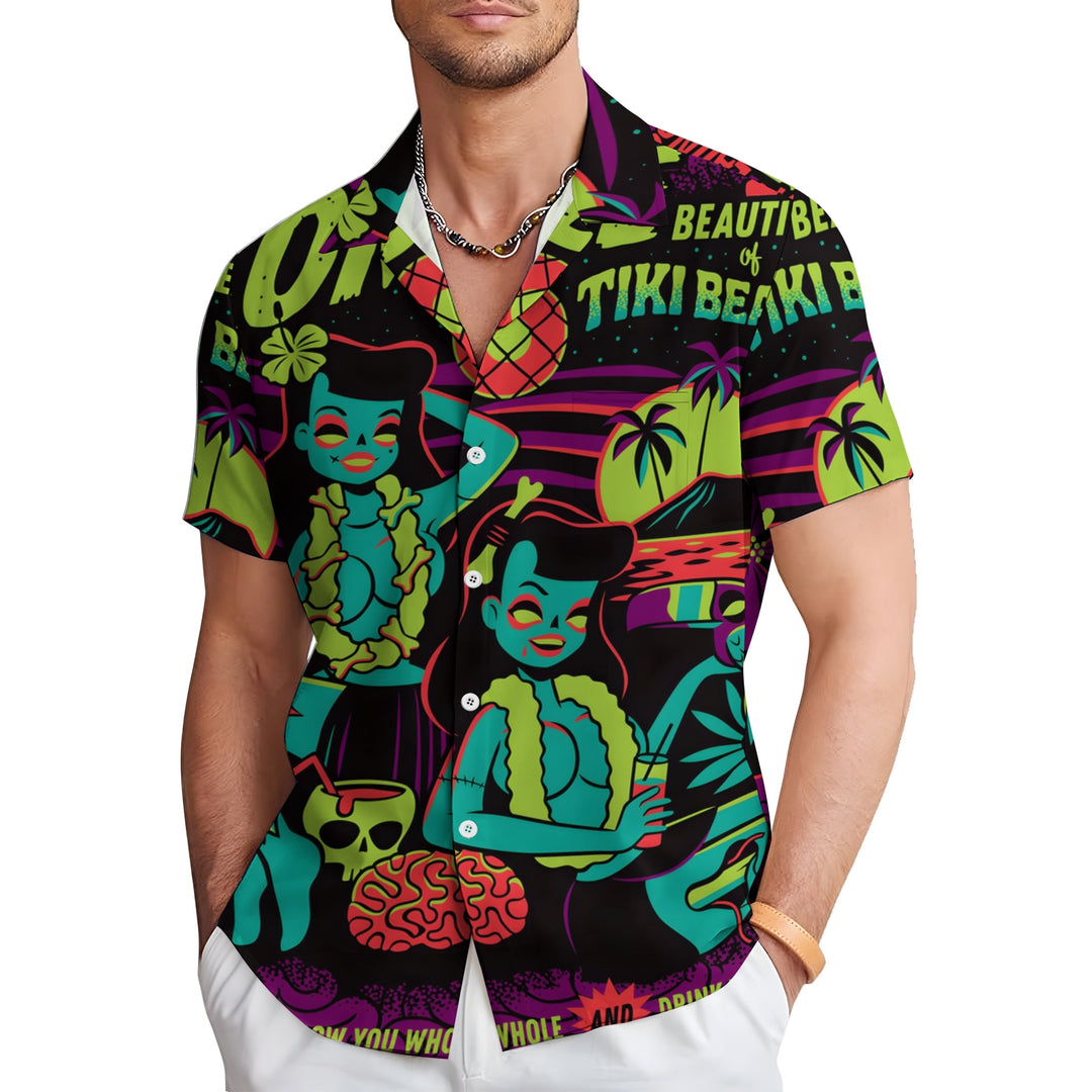 Men's Zombie Girl TIKI Art Print Casual Short Sleeve Shirt 2404000930