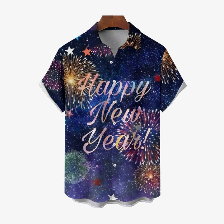 Happy New Year Fireworks Print Casual Short Sleeve Shirt 2410009056