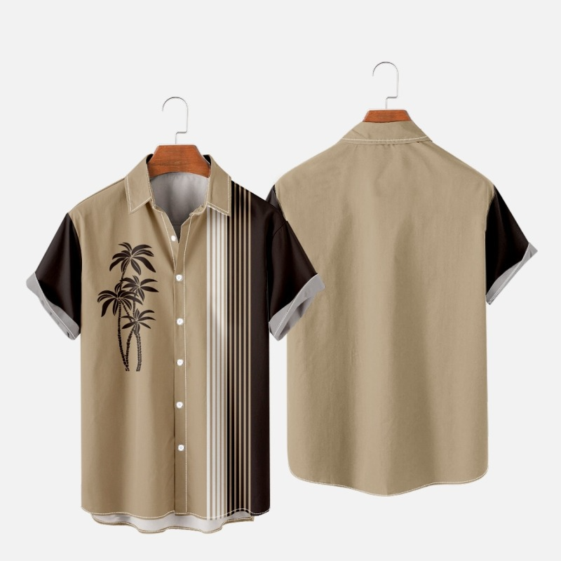 Men's Casual Hawaiian Coconut Stripe Print Short Sleeve Shirt