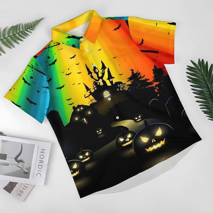 Halloween Castle Print Rainbow Casual Short Sleeve Shirt 2408007709