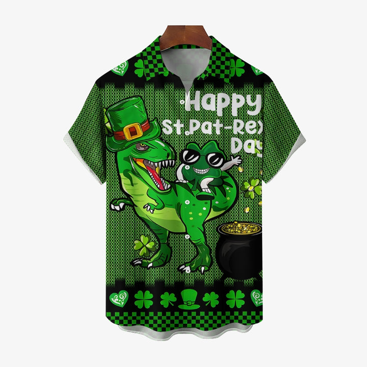 Four Leaf Clover Happy St. Patrick's Day Dinosaur Print Short Sleeve Shirt 2411002288