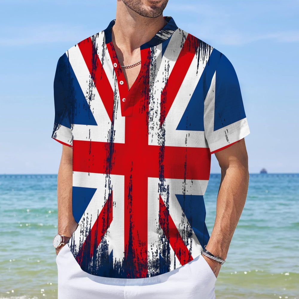 Flag Print Stand Collar Short Sleeve Shirt 2408007152