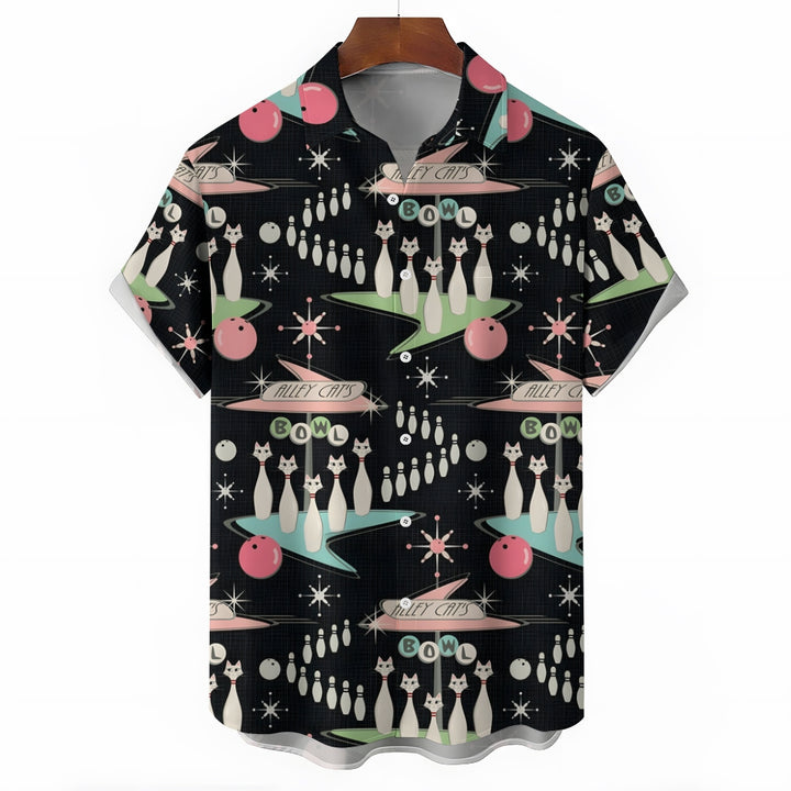 Geometric Cat Bowling Print Short Sleeve Shirt 2405000463