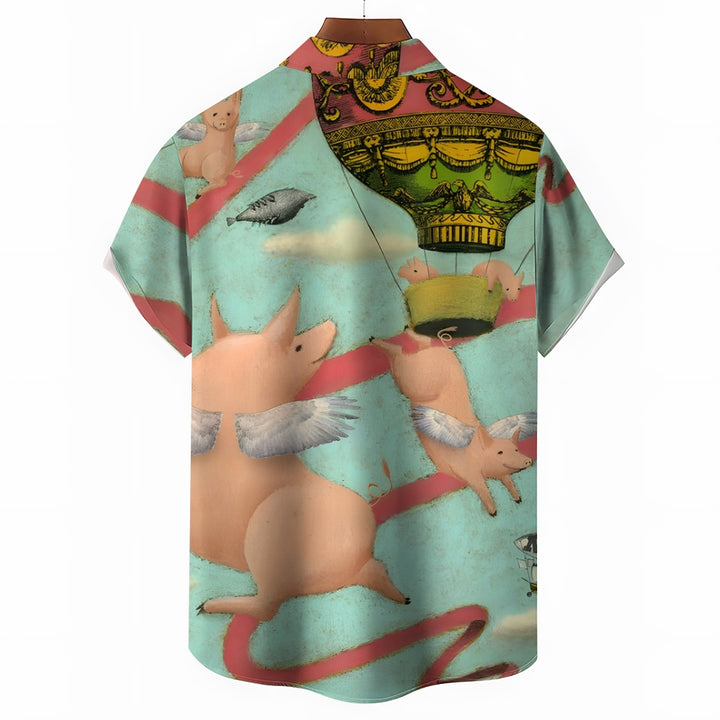 Flying Pig Cartoon Print Casual Large Size Short Sleeve Shirt 2407005322