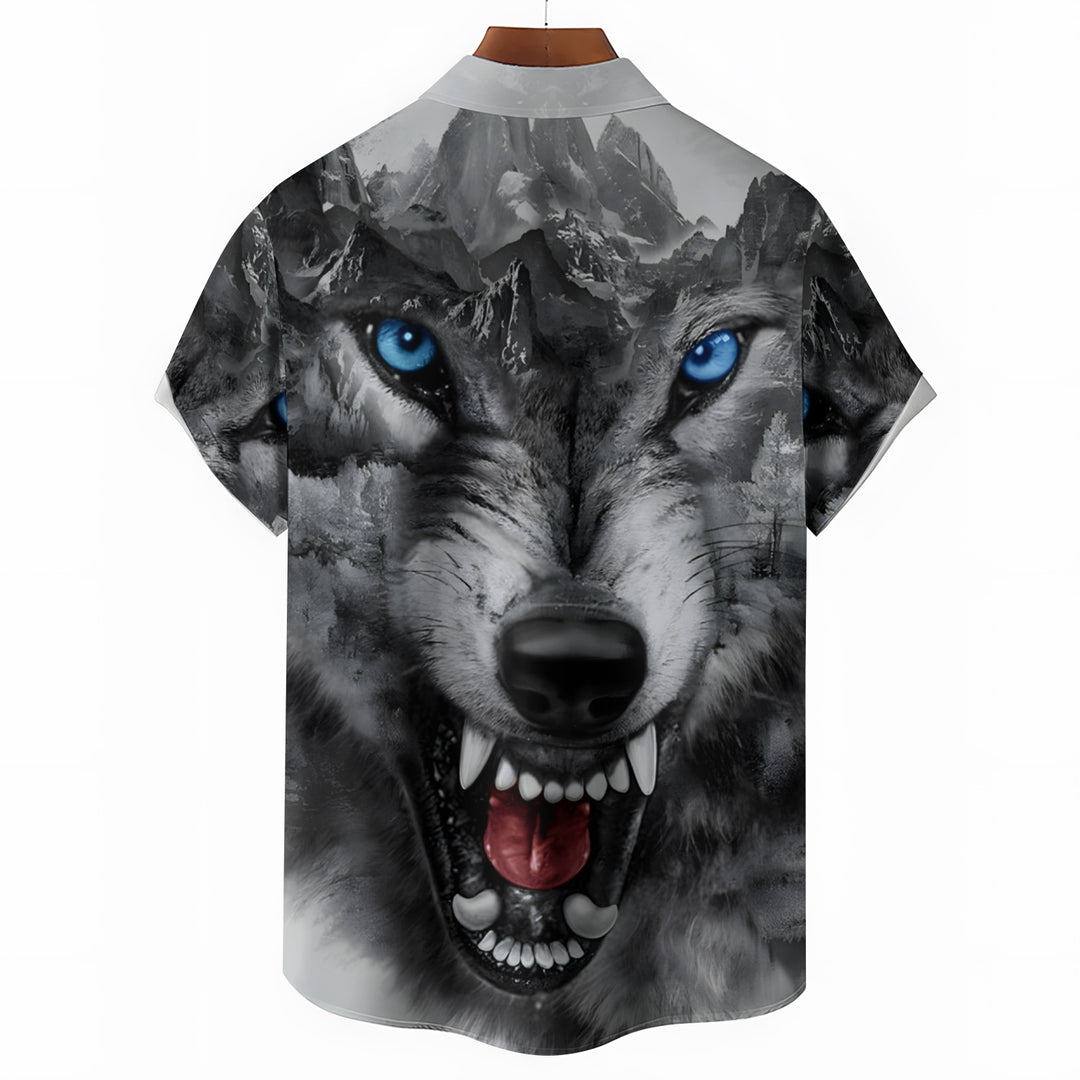 Men's Wolf Print Casual Short Sleeve Shirt 2404000450