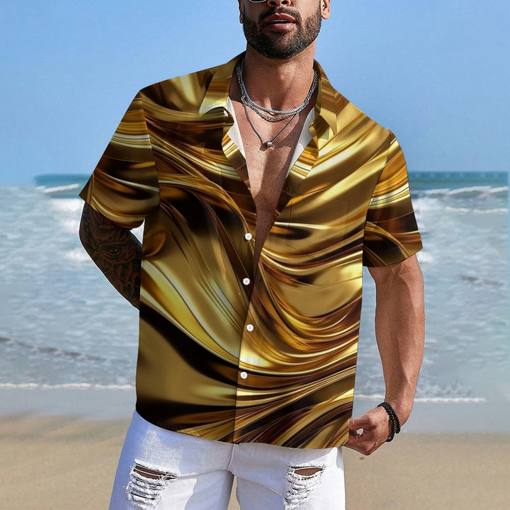 Gold Curve Texture Print Casual Large Size Short Sleeve Shirt 2407001295