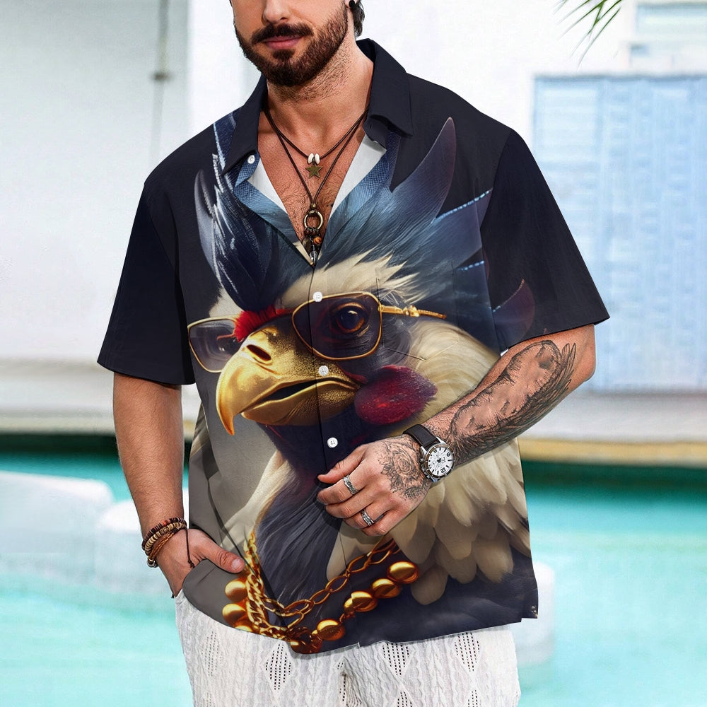 Men's Rooster Print Casual Short Sleeve Shirt 2405001046