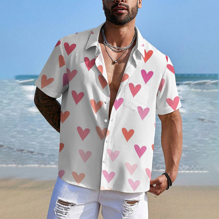 Valentine's Day Pink Heart Print Short Sleeve Shirt 2412008021