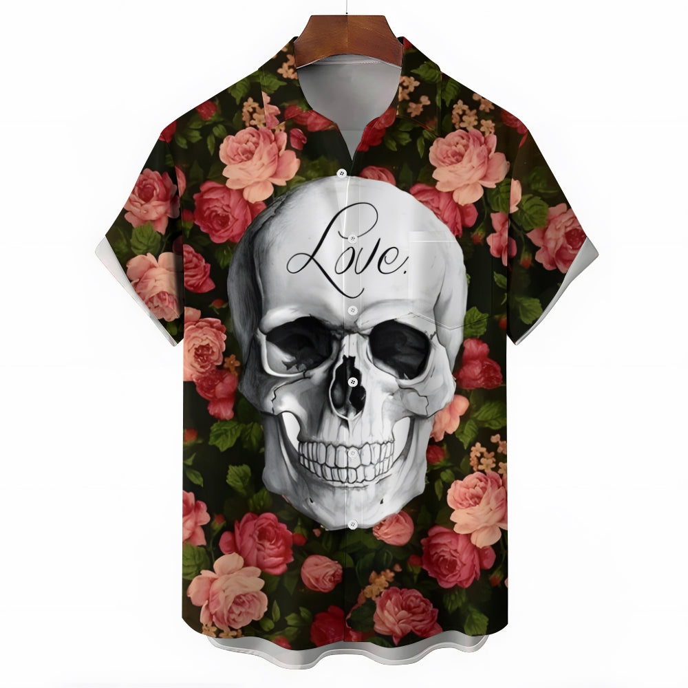 Valentine's Day "Love and Death" Skull Rose Print Casual Short Sleeve Shirt 2412002789