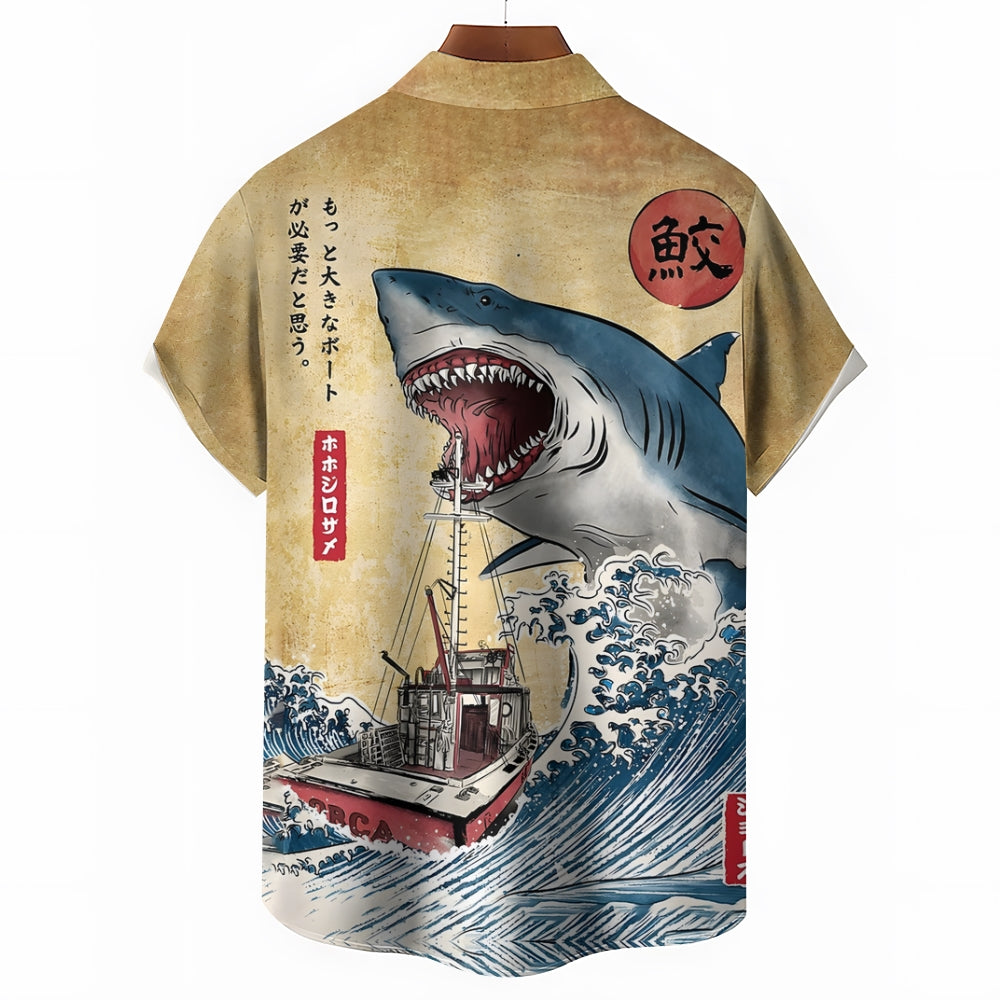 Ukiyoe Waves and Sharks Casual Large Size Short Sleeve Shirt 2406003223