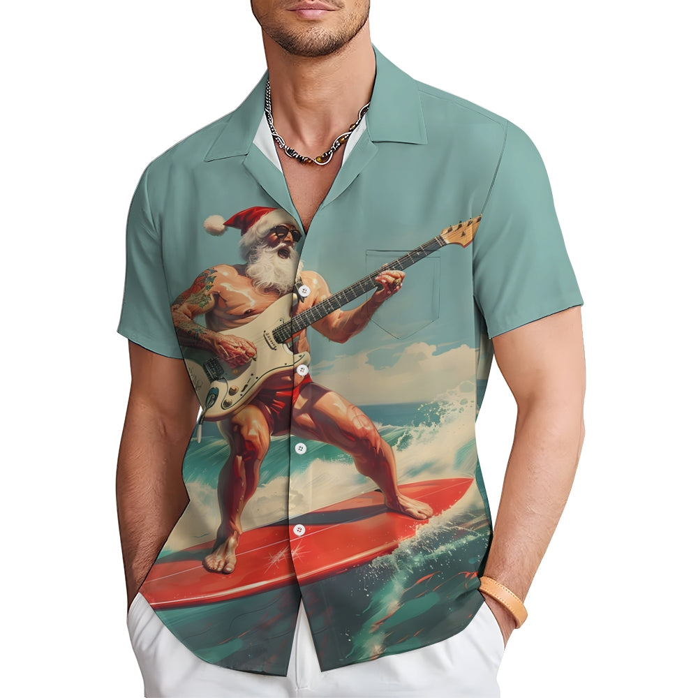 Funny Surfing Christmas Santa Claus Print Short Sleeve Shirt 2411005334