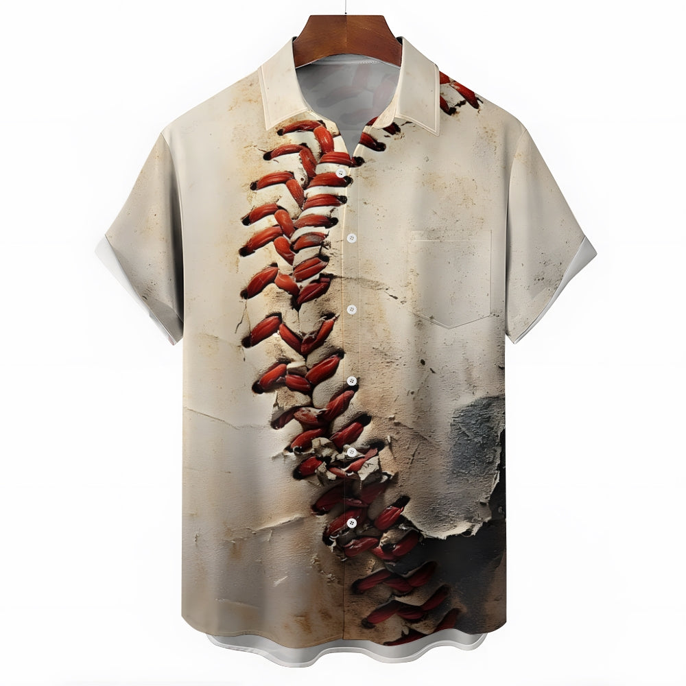 Baseball Retro Distressed Casual Short Sleeve Shirt 2409001756