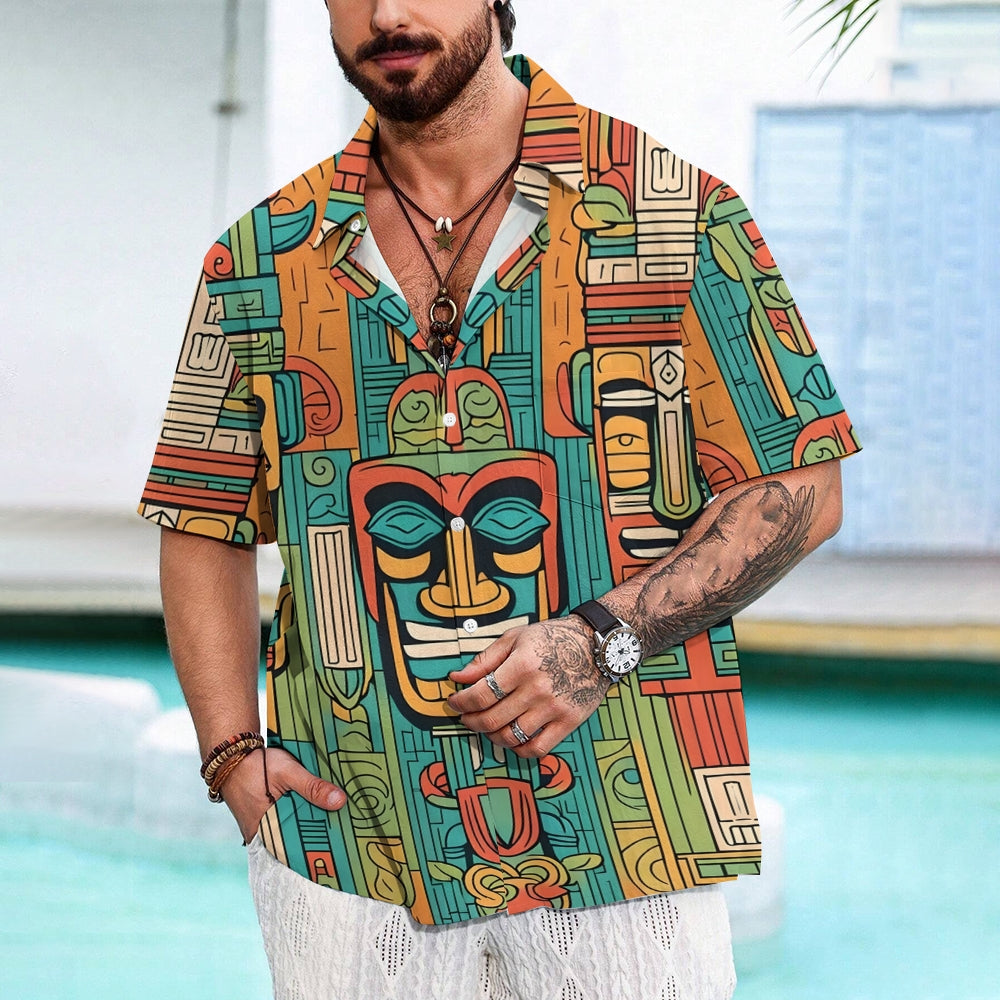 Men's Tiki Art Print Casual Short-Sleeved Shirt 2410005816