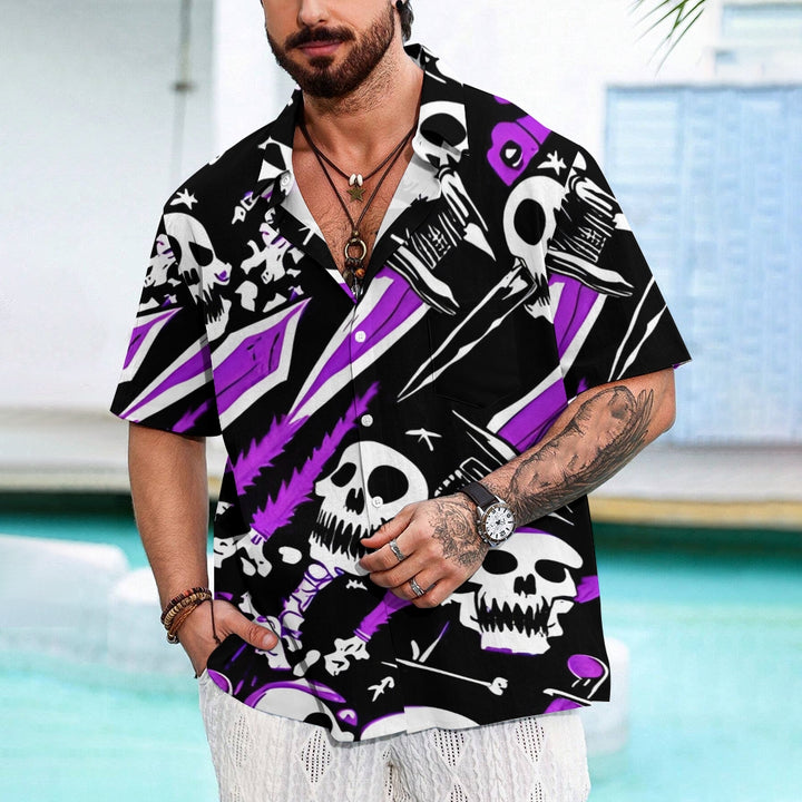 Skull and Sword Print Chest Pocket Short Sleeve Shirt 2411006380