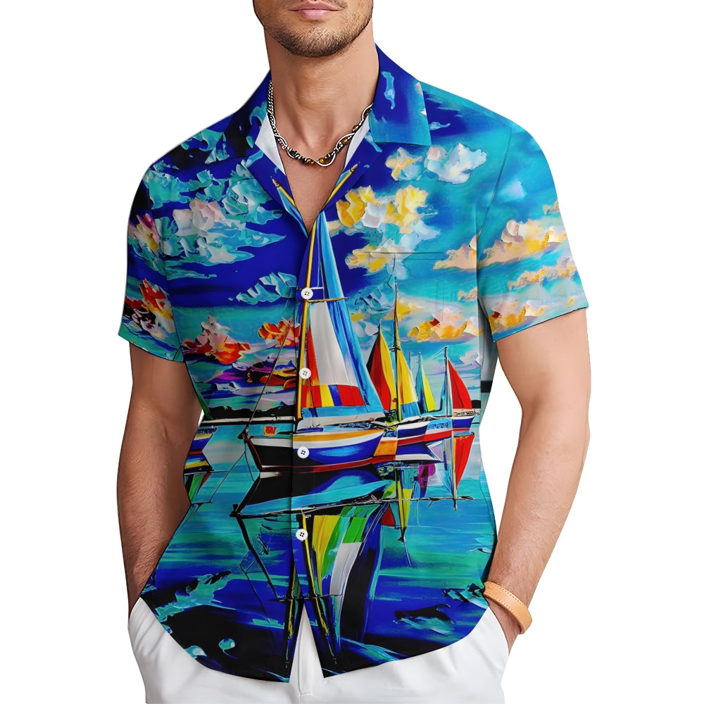 Sailboat Oil Painting Art Print Short Sleeve Shirt 2408007001