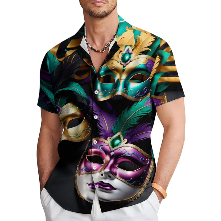 Mardi Gras Carnival Mask Casual Short Sleeve Shirt 2412003201