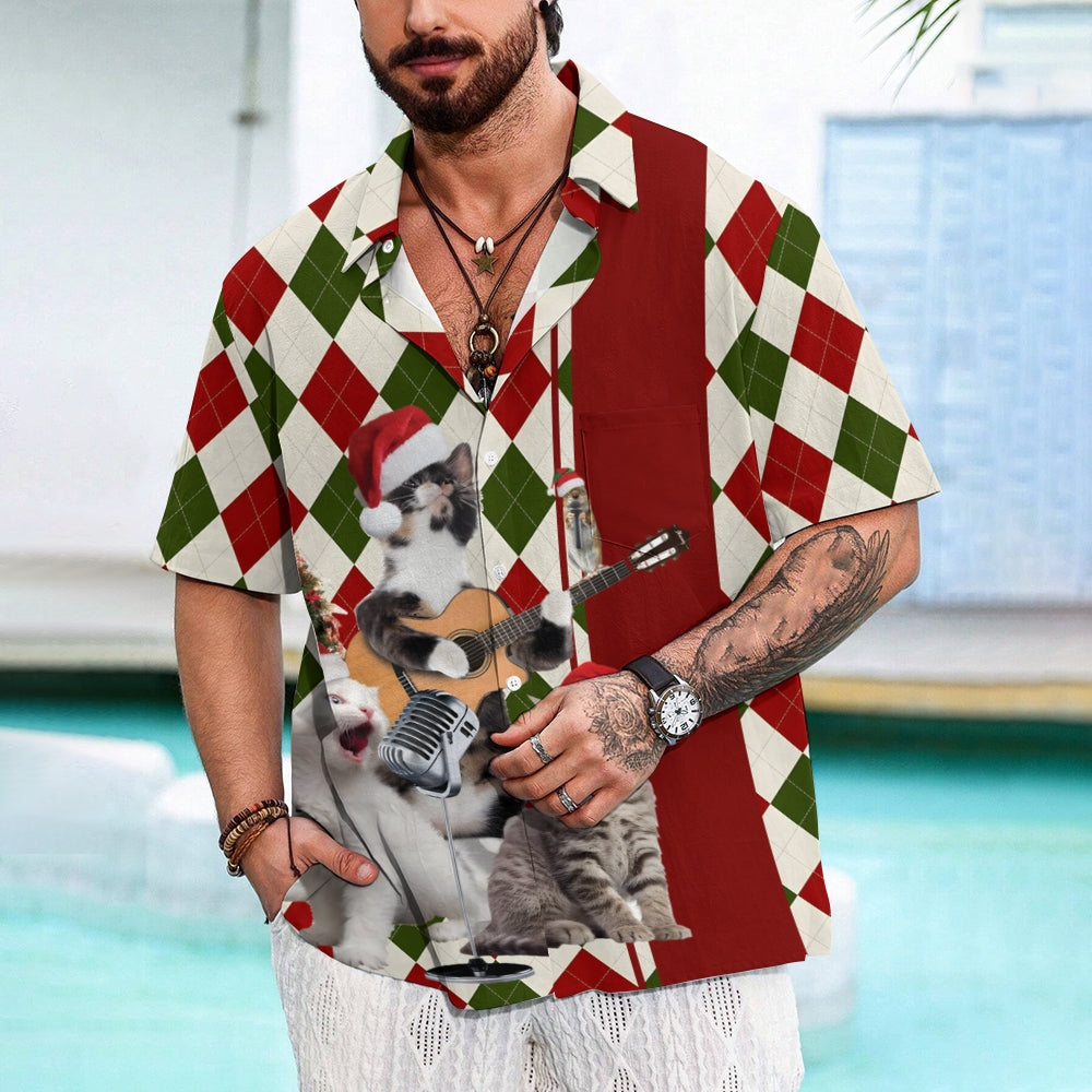 Cats Wearing Santa Hats And Singing Print Short Sleeve Shirt 2410003956