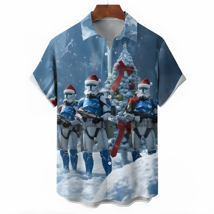 Christmas Cartoon Space Warrior Santa Claus Print  Short Sleeve Shirt 2412005904