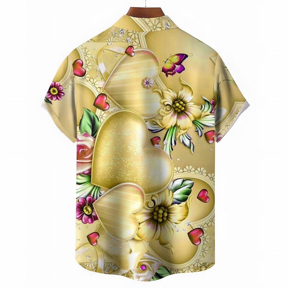 Valentine's Day Yellow Love Heart Flower Print Short Sleeve Shirt 2412008945