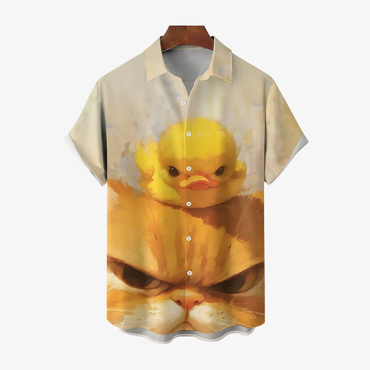 Angry Cat And Duck Print Casual Short Sleeve Shirt 2410005535