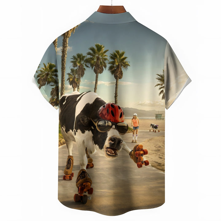 Men's Fun Roller Skating Cow Print Short Sleeve Shirt 2412009510