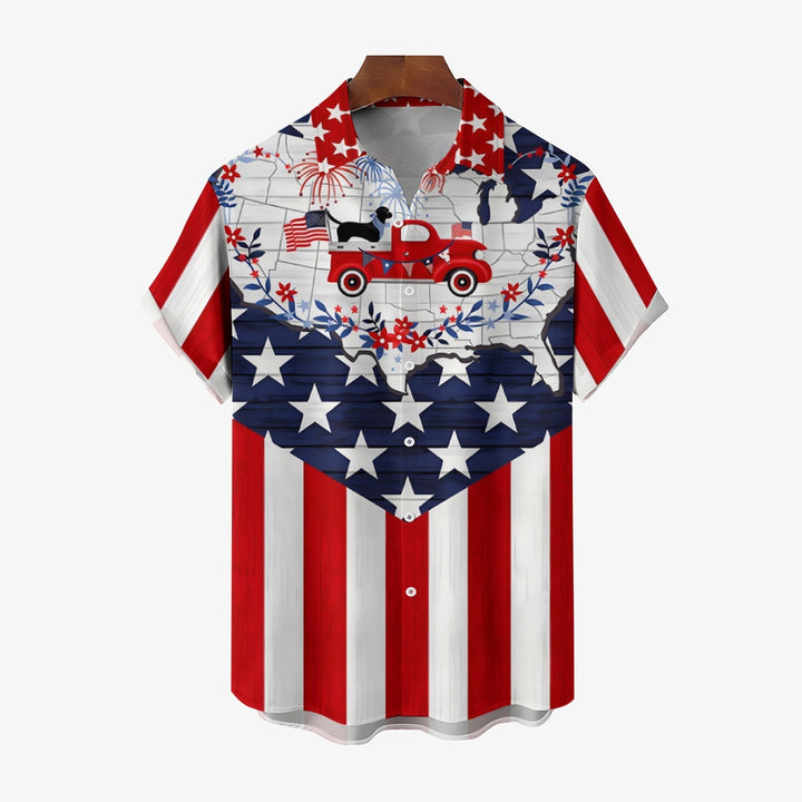 Patriotic Flag Trucker Print Chest Pocket Short Sleeve Shirt 2411005933