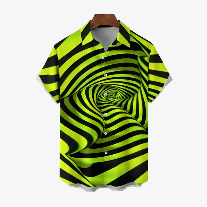 Men's Fluorescent Green Spiral Stripe Print Short Sleeve Shirt 2410008354