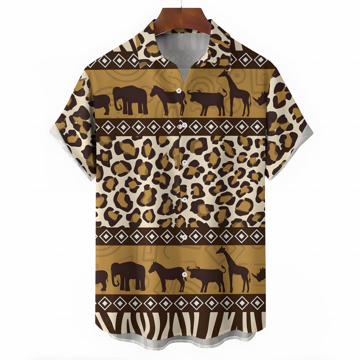 African Savannah Wildlife Print Casual Short Sleeve Shirt 2404001397